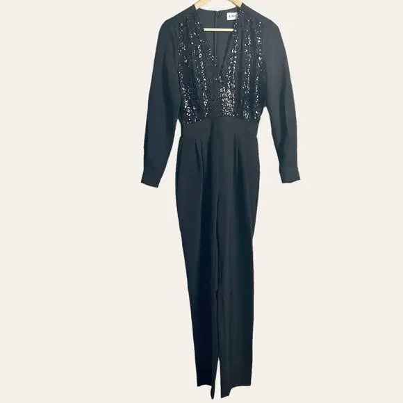 LINI Black Stella Sequin Faux Wrap Surplice Long Sleeve Party Jumpsuit Size XS